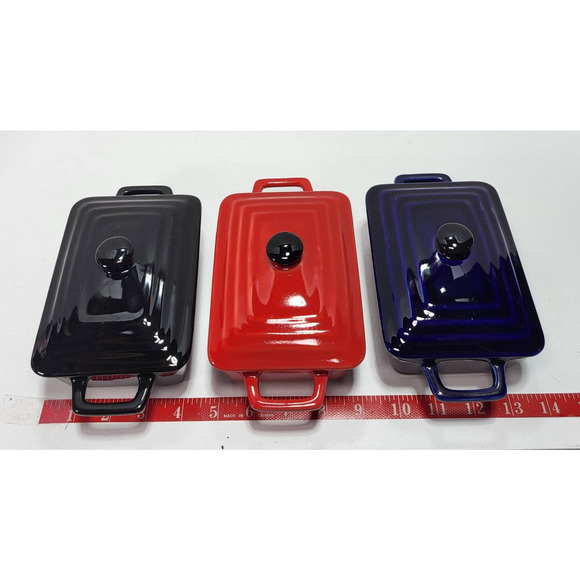 Mini Casserole Meatloaf Bread Loaf Bakeware w. Lid Red Black Navy Blue Set of 3 - Picture 9 of 9